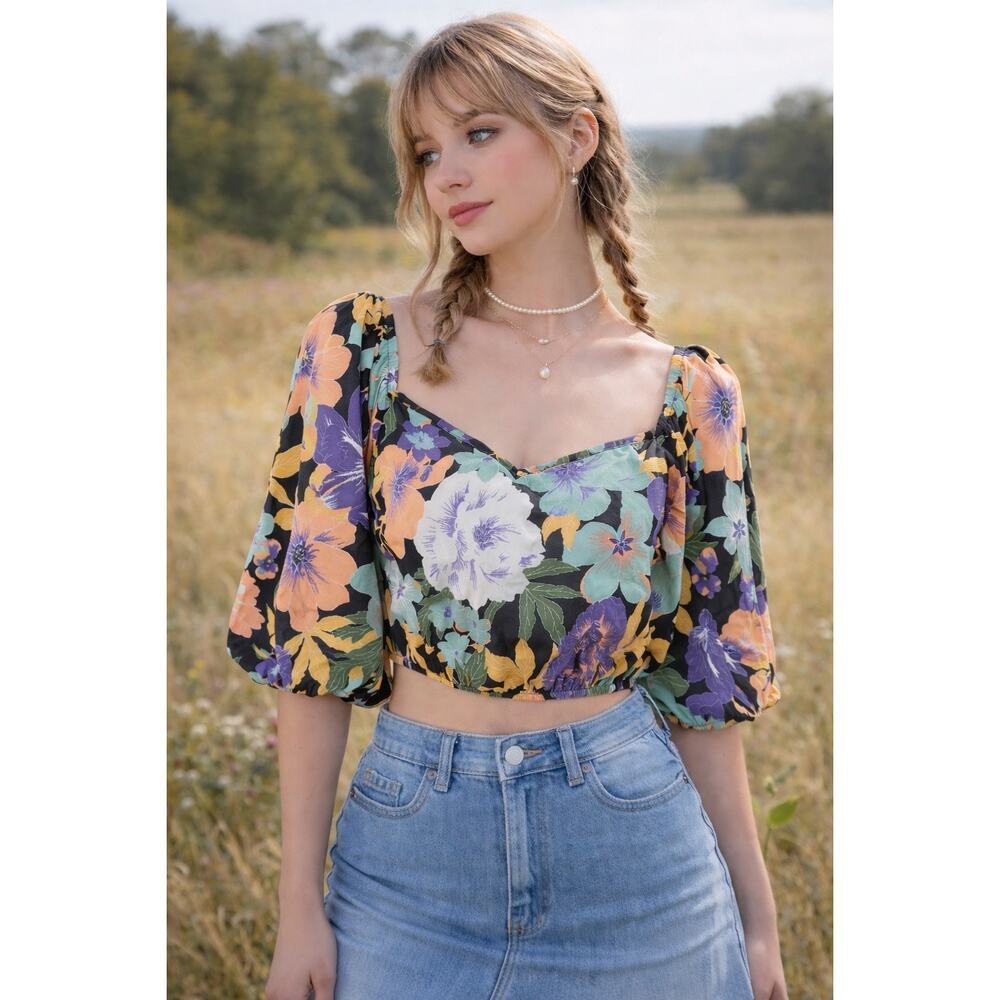 Sienna Sky Floral Balloon Sleeve Crop Top Cottagecore Coquette | Size L | EUC